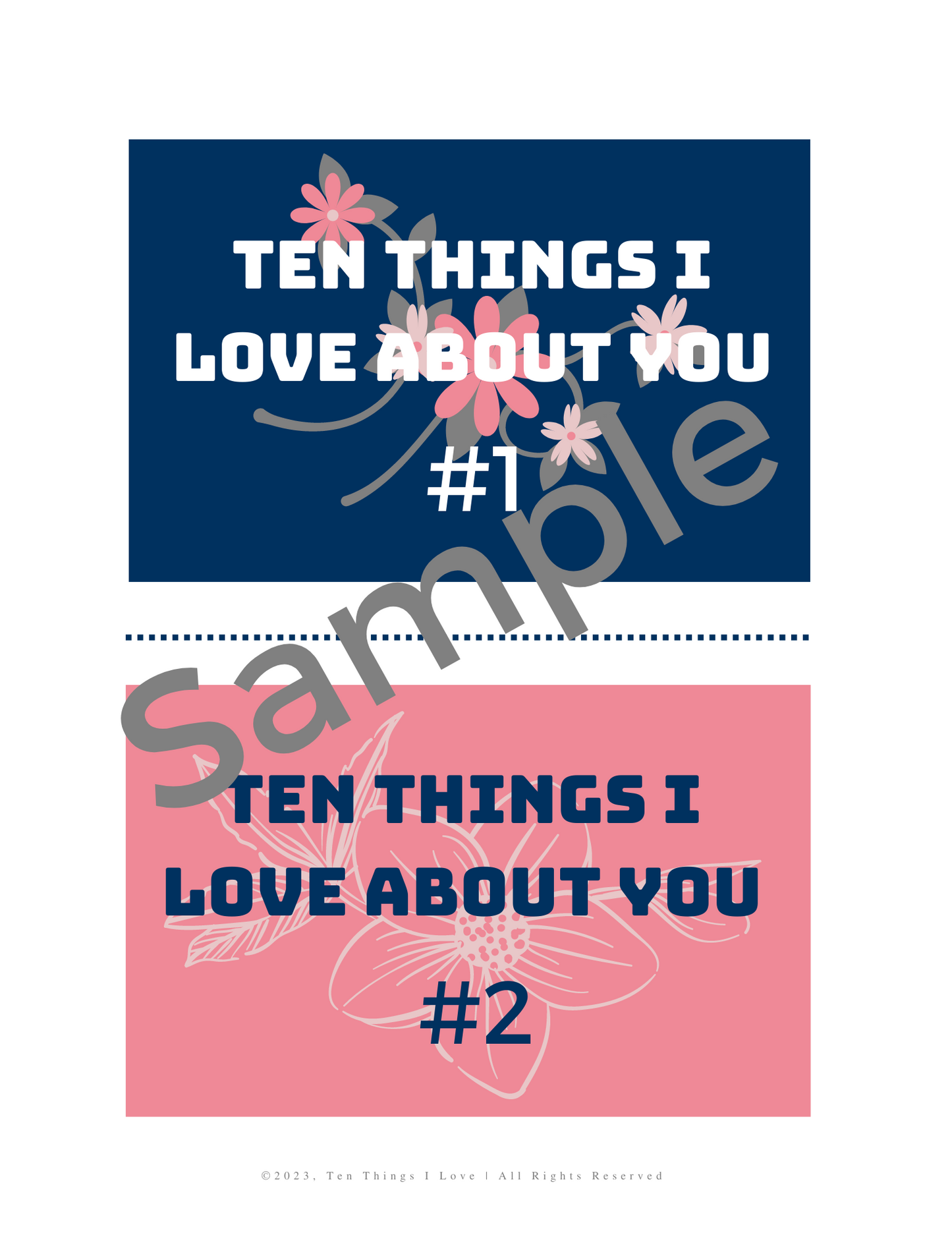 Ten Things I Love About You Printable Cards - Navy and Pink